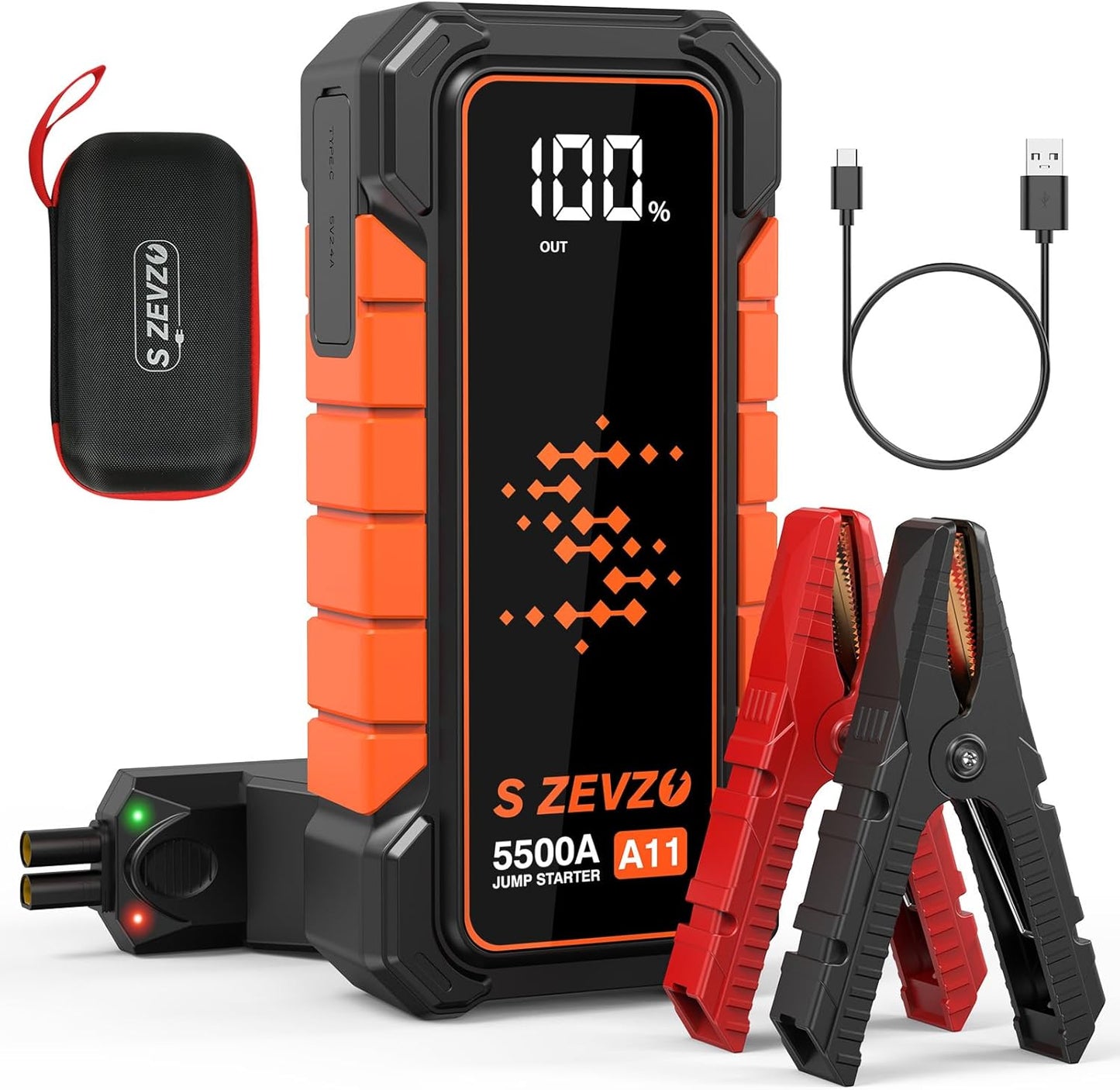 A11 5500A Car Battery Jump Starter, 88.8Wh Battery Jumper Starter Portable (All Gas & 10.0L Diesel Engines) 12V Lithium Jump Box with LCD Display, 3 Modes Flashlight, USB Quick Charge and Case