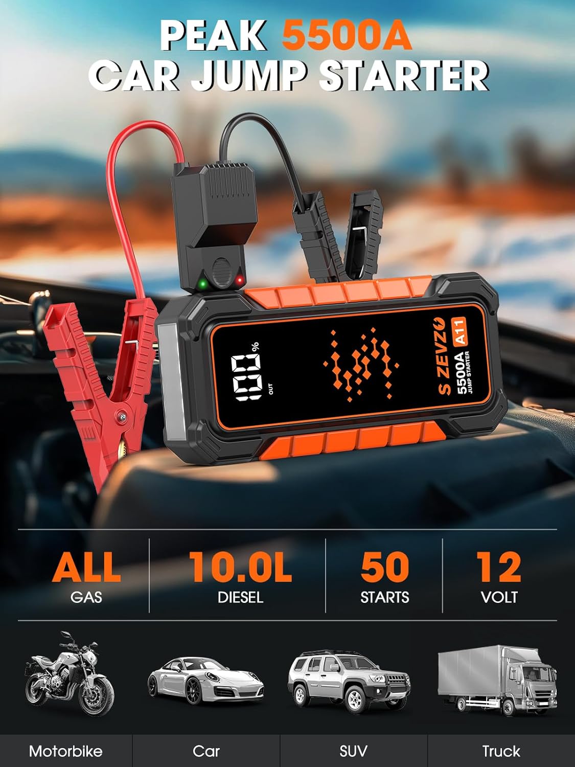 A11 5500A Car Battery Jump Starter, 88.8Wh Battery Jumper Starter Portable (All Gas & 10.0L Diesel Engines) 12V Lithium Jump Box with LCD Display, 3 Modes Flashlight, USB Quick Charge and Case