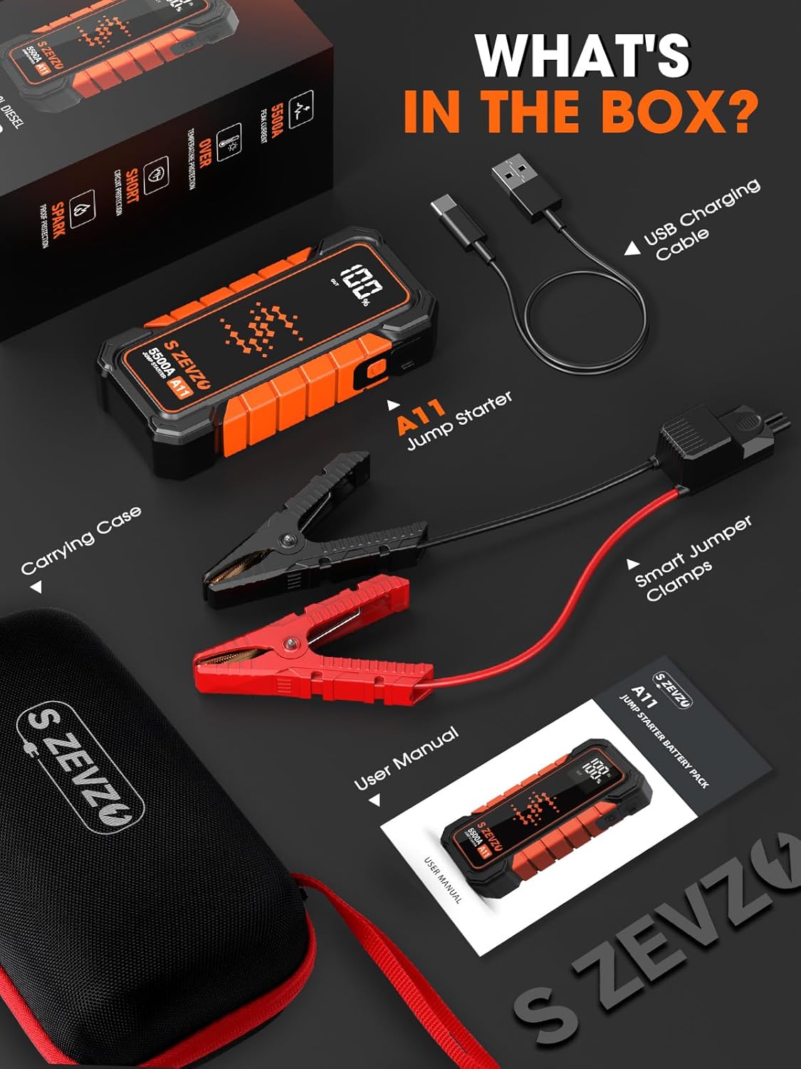 A11 5500A Car Battery Jump Starter, 88.8Wh Battery Jumper Starter Portable (All Gas & 10.0L Diesel Engines) 12V Lithium Jump Box with LCD Display, 3 Modes Flashlight, USB Quick Charge and Case