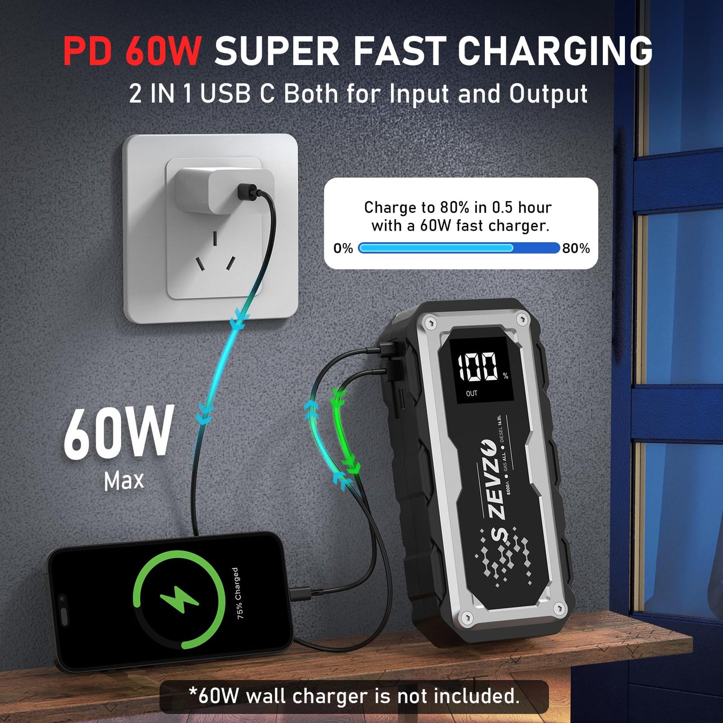 ET5000 Car Battery Jump Starter 8000A Jump Box with PD 60W Fast Charging (All Gas/16.0L Diesel Engines), 99.9Wh 12V Portable Jump Starter Battery Pack with LCD Display, LED Light and Case