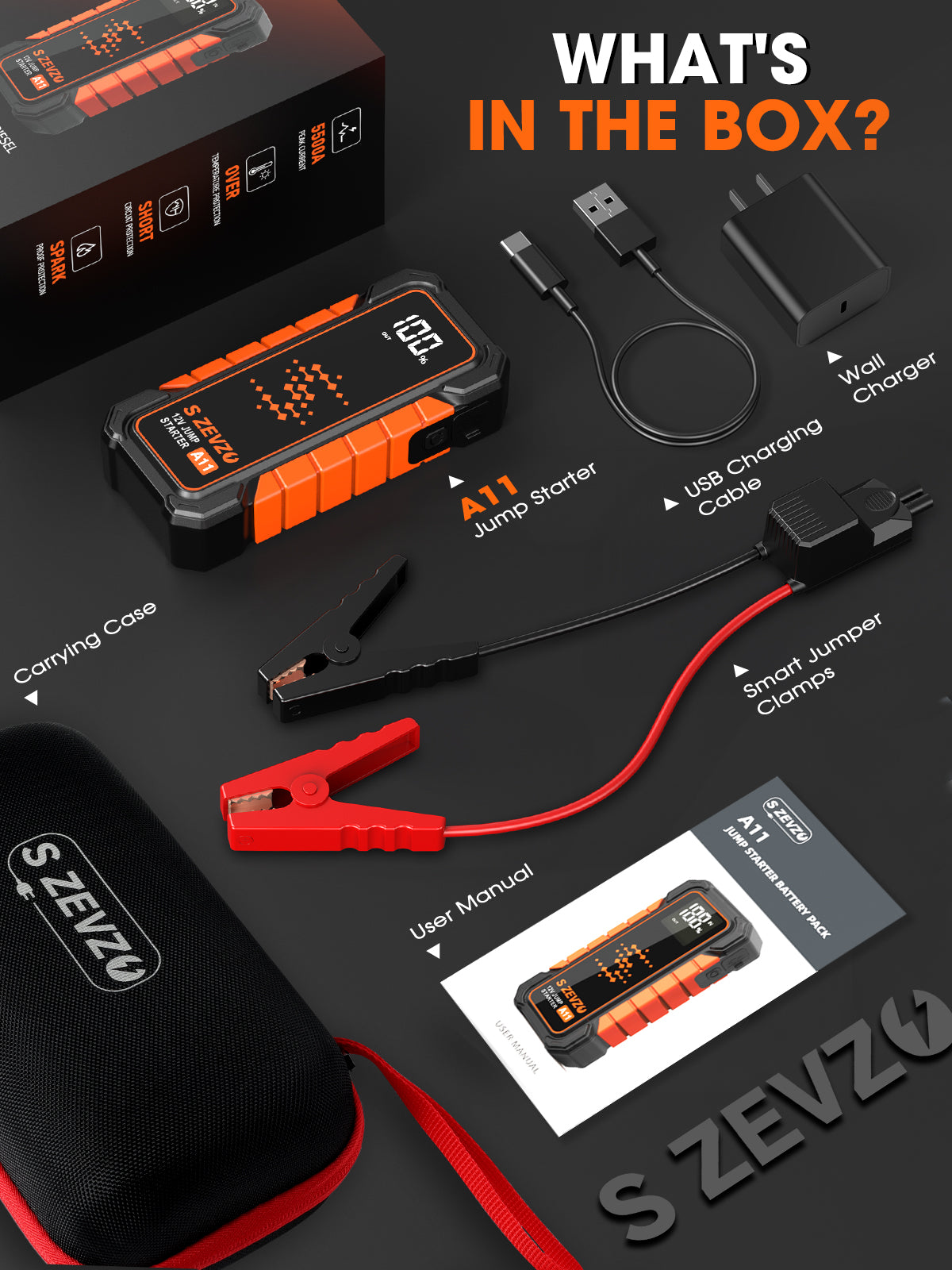 S ZEVZO A11 Jump Starter, Upgraded 5000A Car Battery Jumper Starter Portable (10.0L Gas & 7.0L Diesel Engines) with Booster 12V Lithium Jump Box with USB Charger, LCD Display, Flashlight, and Case
