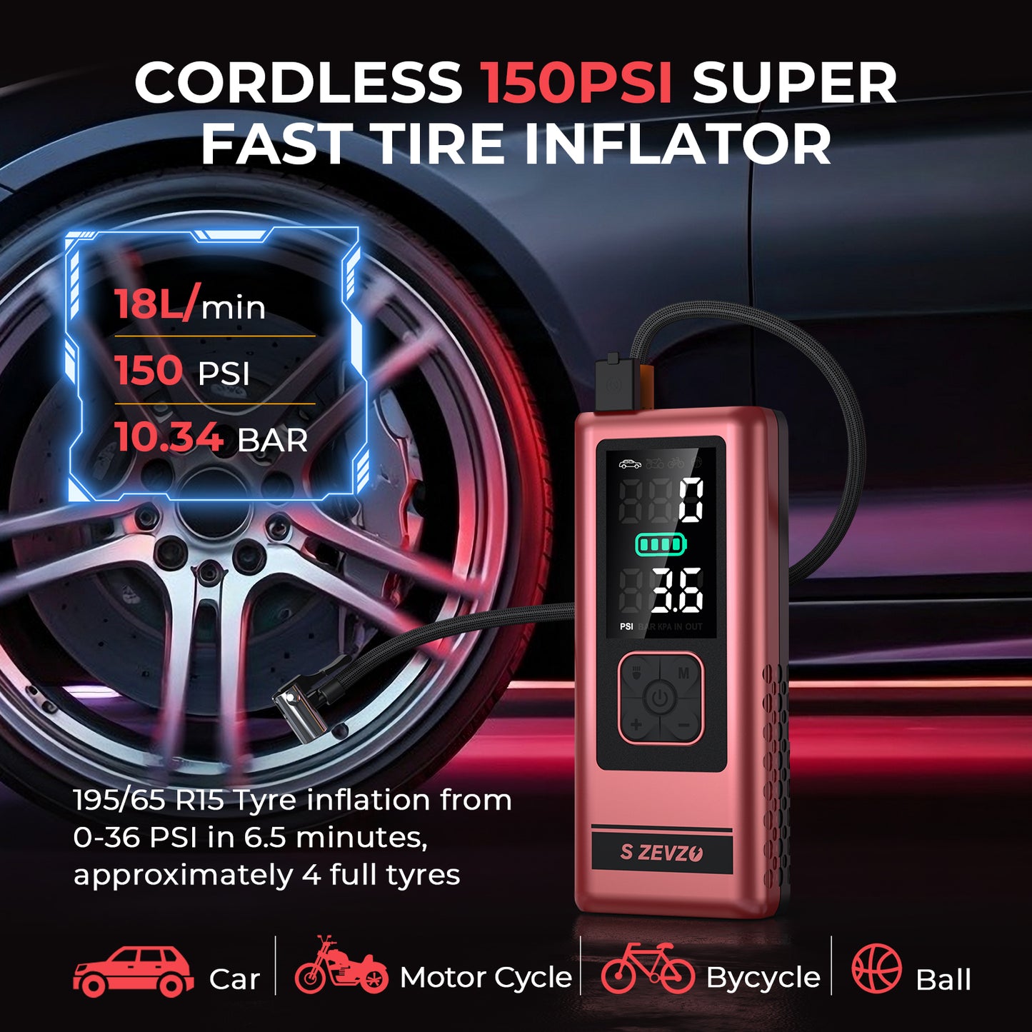 S ZEVZO Car Jump Starter with Air Compressor, 4000A 150PSI Jump Box Battery Pack(6.0 Gas/4.0L Diesel), Portable 12V Jump Box with Auto-Shutoff Tire Inflator, USB Ports, LCD Display & LED Light