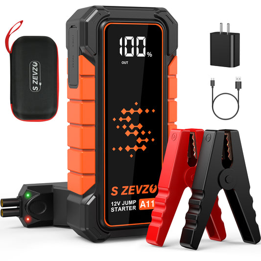 S ZEVZO A11 Jump Starter, Upgraded 5000A Car Battery Jumper Starter Portable (10.0L Gas & 7.0L Diesel Engines) with Booster 12V Lithium Jump Box with USB Charger, LCD Display, Flashlight, and Case