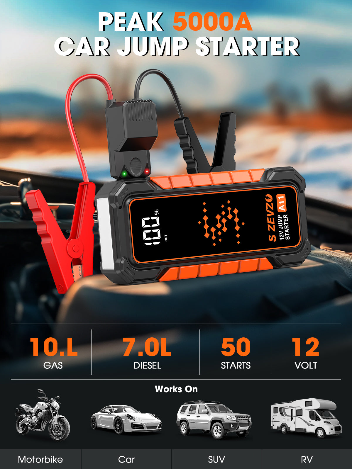 S ZEVZO A11 Jump Starter, Upgraded 5000A Car Battery Jumper Starter Portable (10.0L Gas & 7.0L Diesel Engines) with Booster 12V Lithium Jump Box with USB Charger, LCD Display, Flashlight, and Case