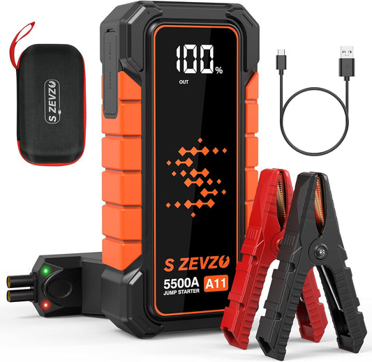 A11 5500A Car Battery Jump Starter, 88.8Wh Battery Jumper Starter Portable (All Gas & 10.0L Diesel Engines) 12V Lithium Jump Box with LCD Display, 3 Modes Flashlight, USB Quick Charge and Case