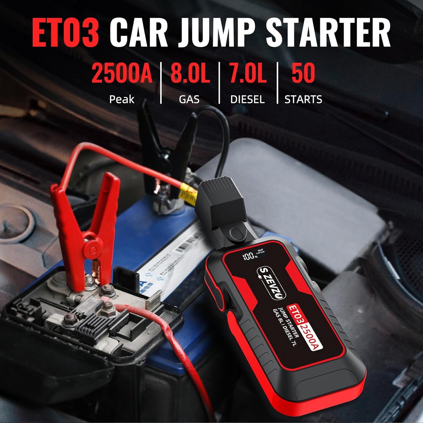 ET03 Car Jump Starter 2500A Jump Starter Battery Pack for Up to 8.0L Gas and 7.0L Diesel Engines, 74Wh Portable 12V Jump Box with USB Ports, LCD Display, Storage Case, and LED Light