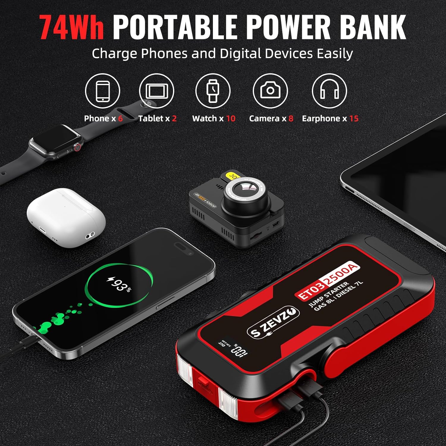 Topdon JS2000PRO 2500A Portable Car Jump Starter & Power Bank For Gas/Diesel (Up To 8L Gas)